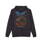TRUST THE RUST steam roller back print on a black hoodie