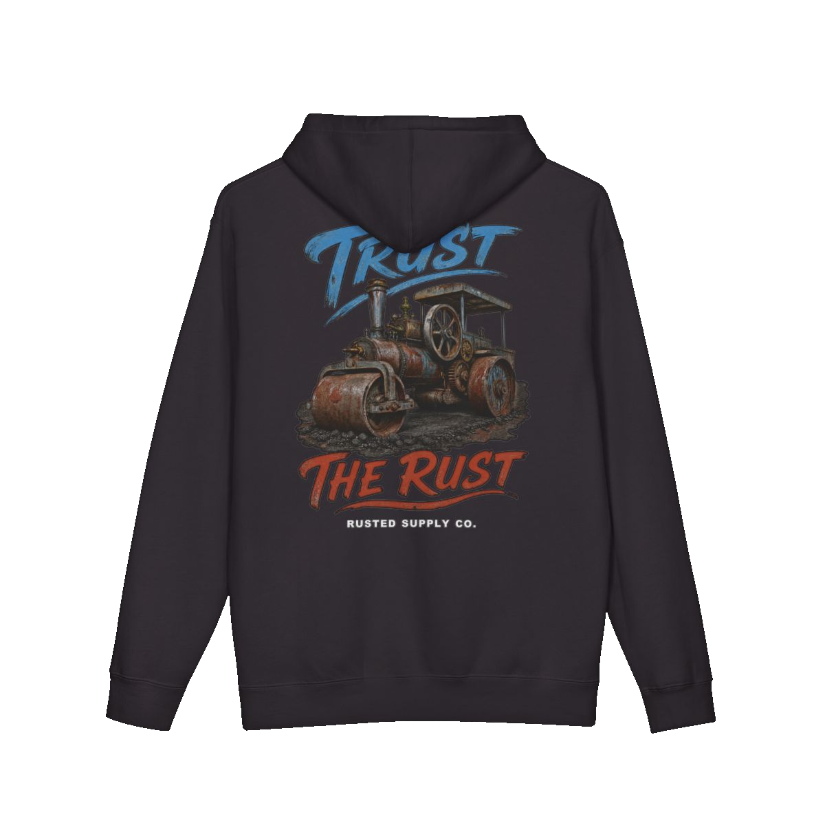 TRUST THE RUST steam roller back print on a black hoodie