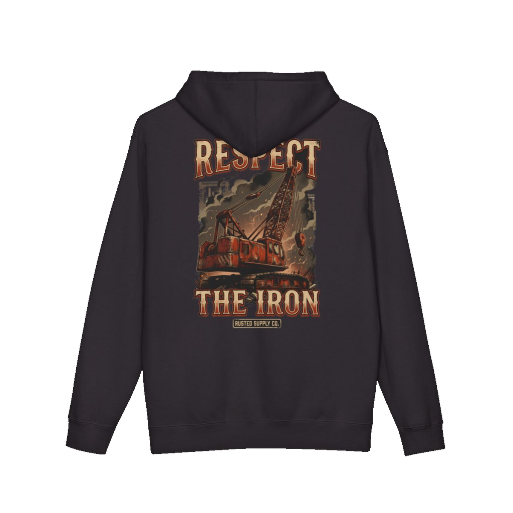 RESPECT THE IRON crawler crane back print on a black hoodie