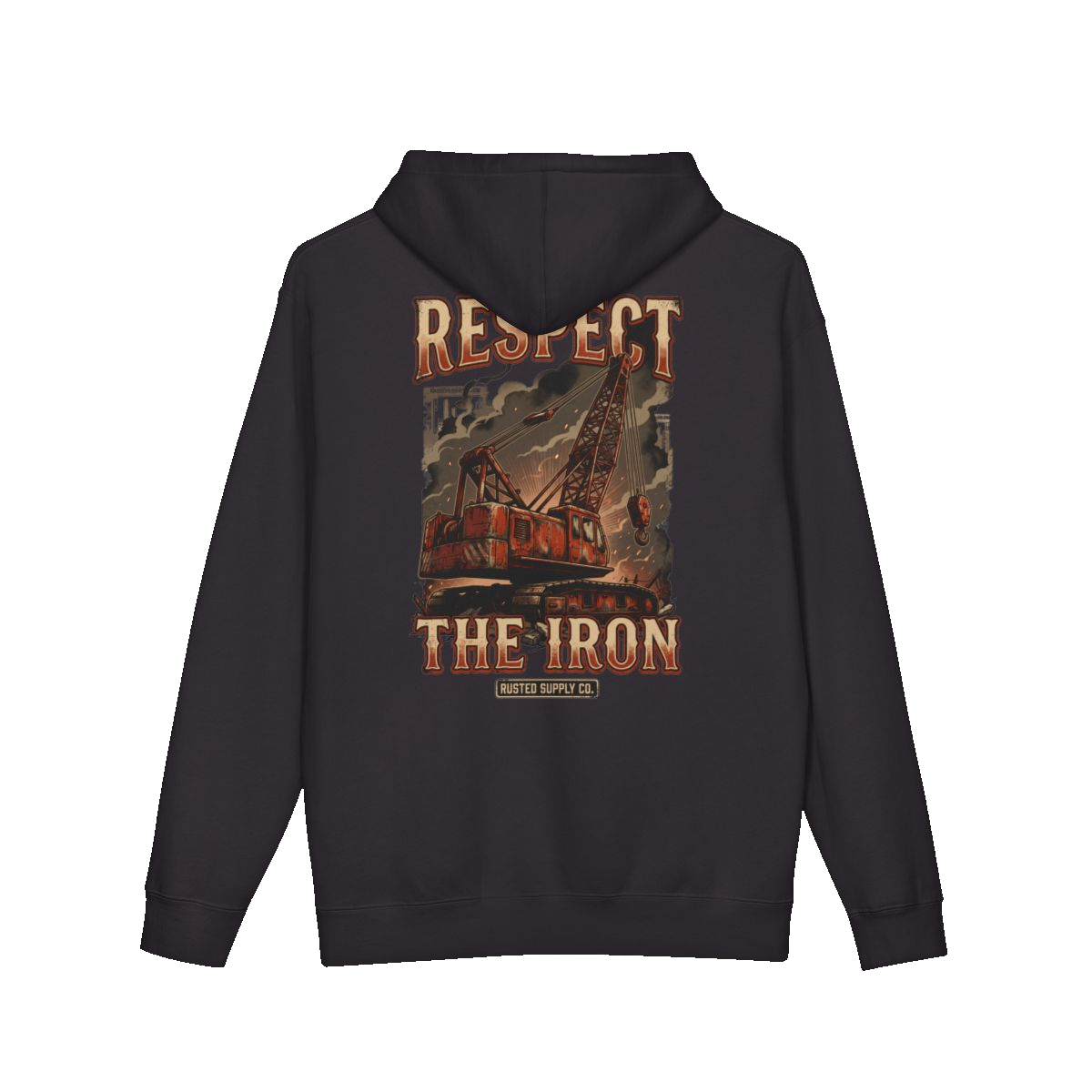 RESPECT THE IRON crawler crane back print on a black hoodie