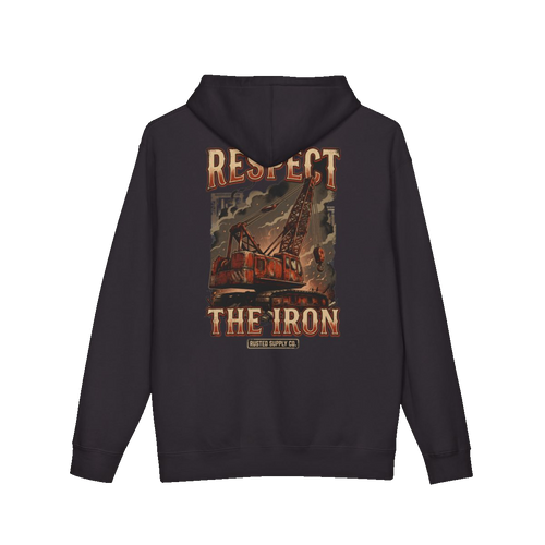 RESPECT THE IRON crawler crane back print on a black hoodie