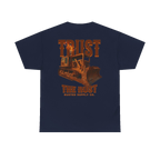 TRUST THE RUST blade dozer back print on a navy tee