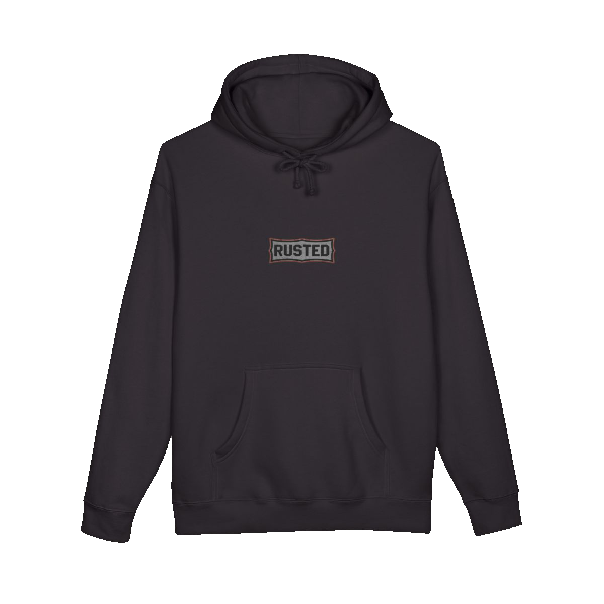 TRUST THE RUST chest badge on a black hoodie