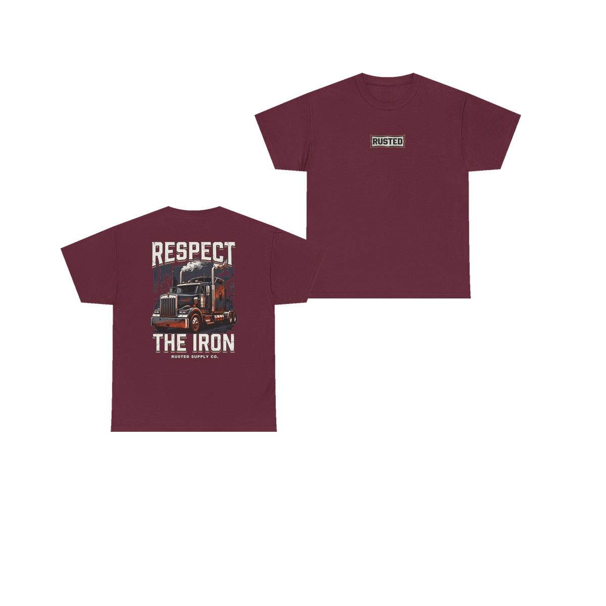 RESPECT THE IRON conventional semi maroon tee, front and back