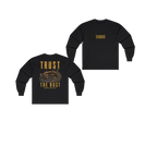TRUST THE RUST motor grader black long sleeve, front and back