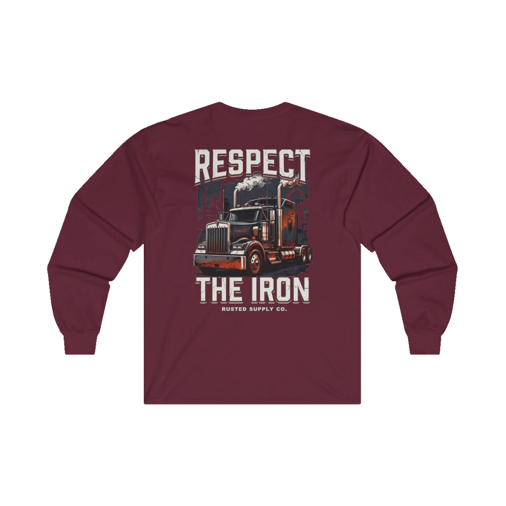 RESPECT THE IRON conventional semi back print on a maroon long sleeve