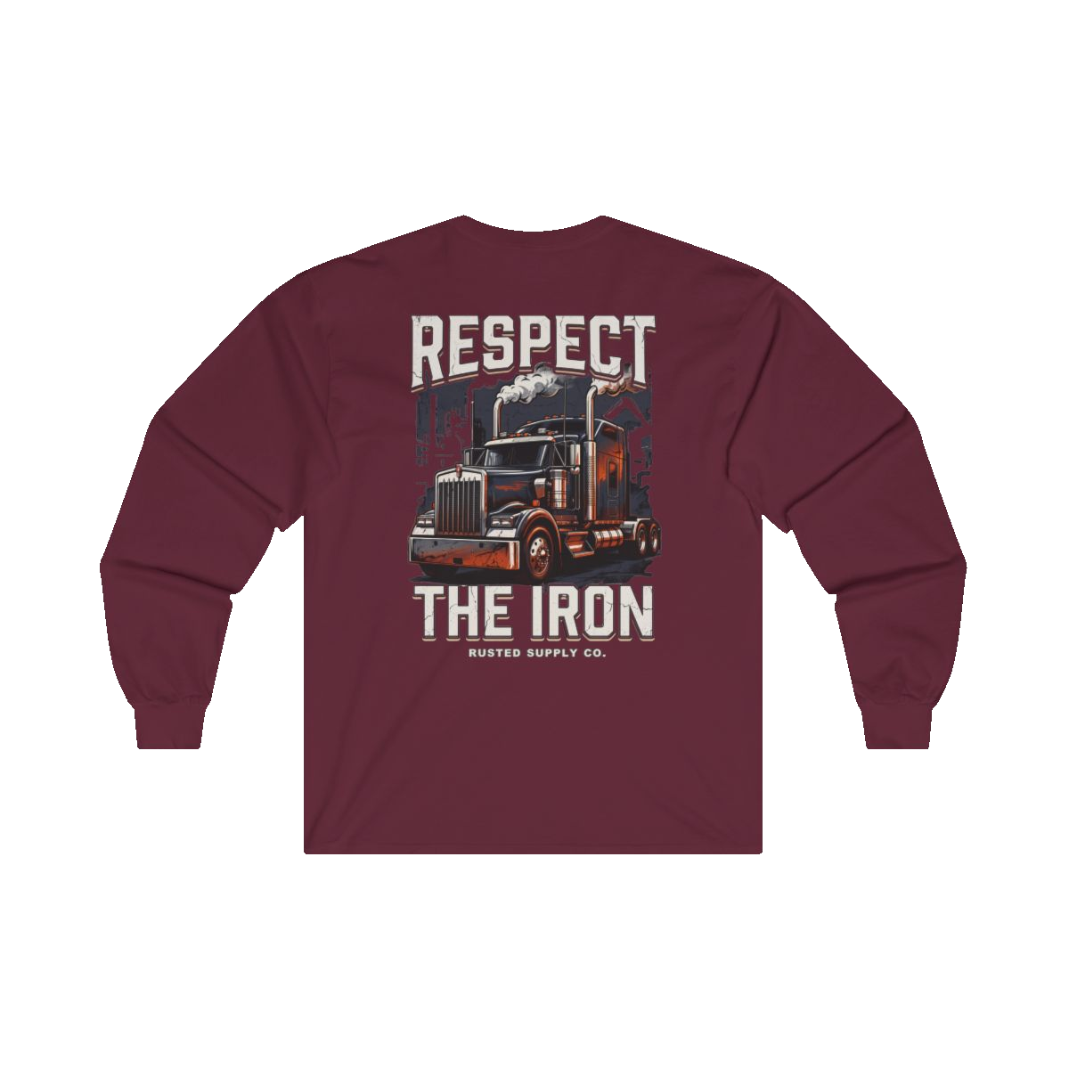 RESPECT THE IRON conventional semi back print on a maroon long sleeve