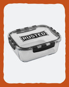 RUSTED Crew Container Large, three-quarter studio view showing the RUSTED banner on the lid