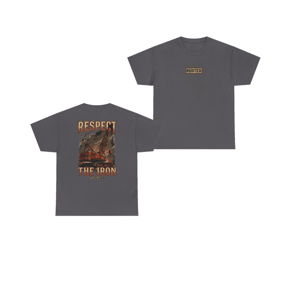 RESPECT THE IRON crawler crane charcoal tee, front and back