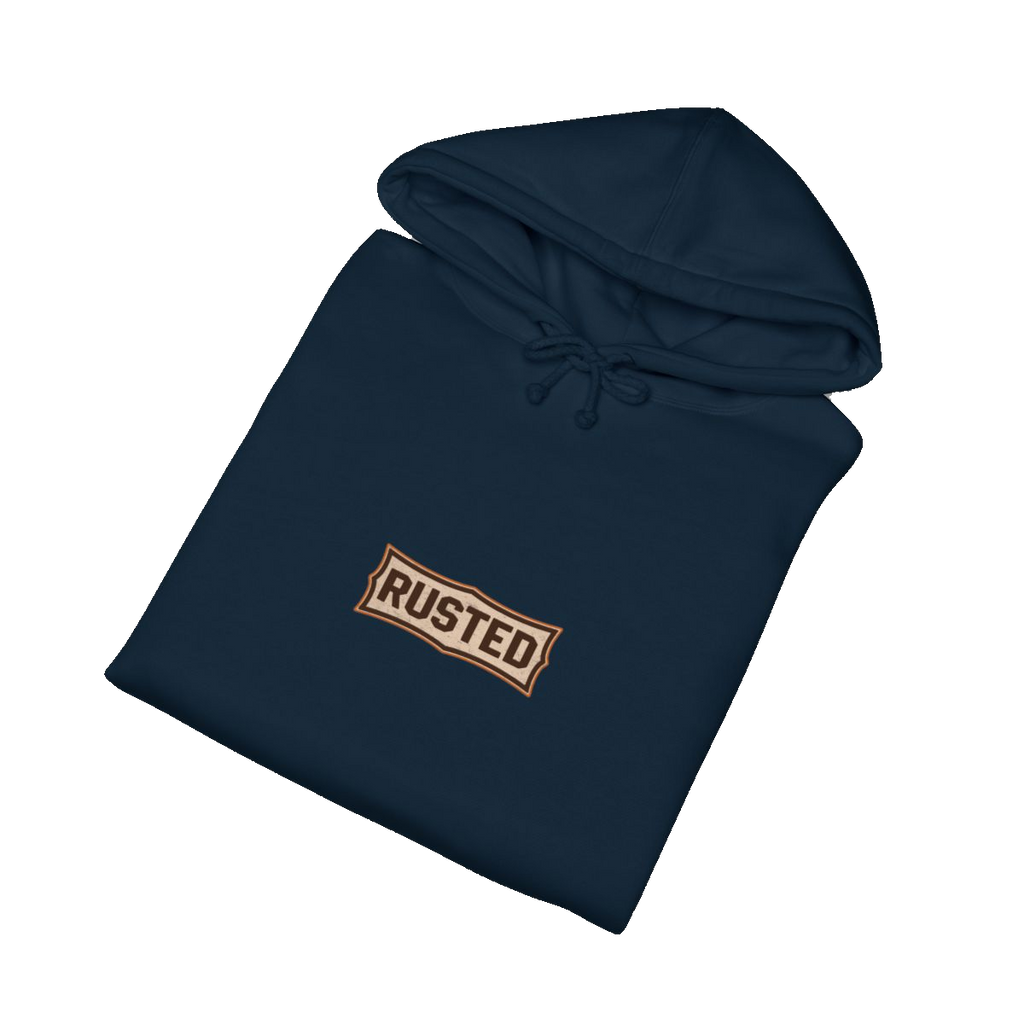 Folded navy TRUST THE RUST blade dozer hoodie