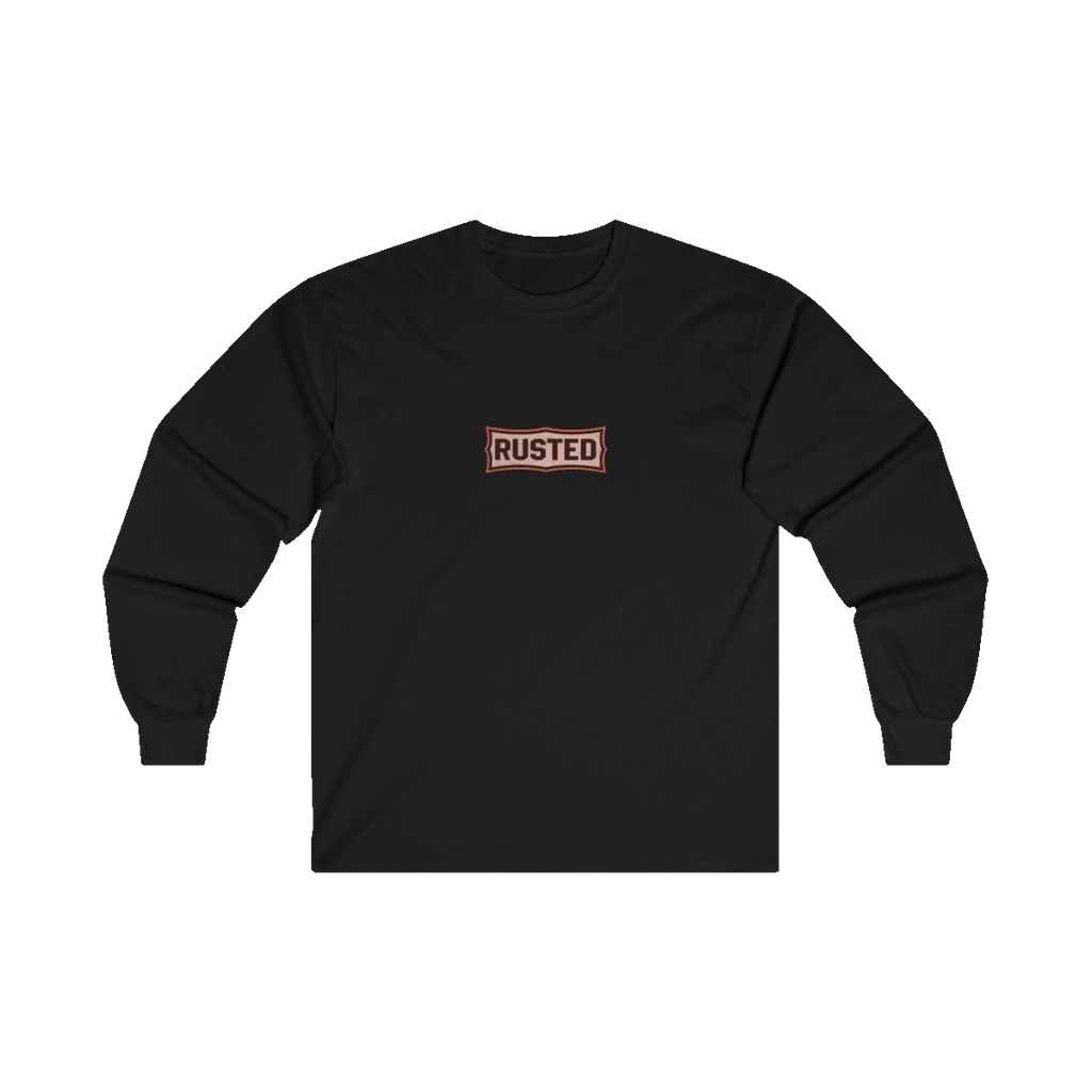TRUST THE RUST chest badge on a black long sleeve