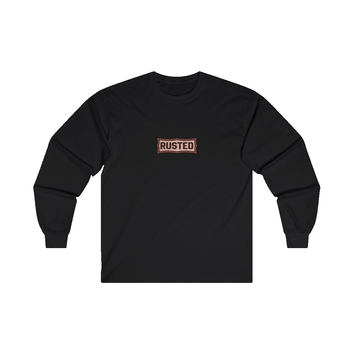 TRUST THE RUST chest badge on a black long sleeve