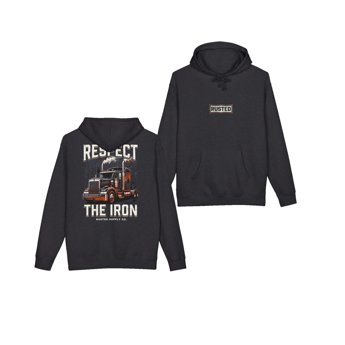 RESPECT THE IRON conventional semi charcoal heather hoodie, front and back