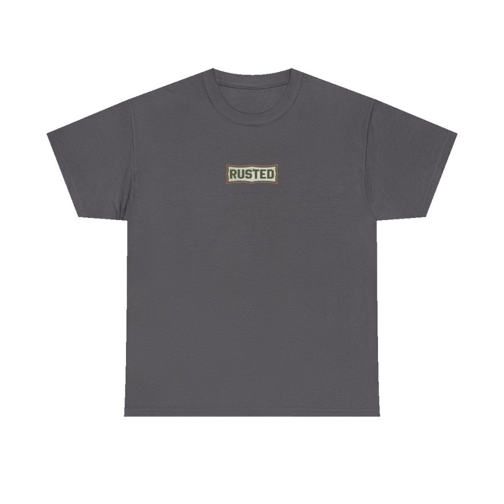 TRUST THE RUST chest badge on a charcoal tee