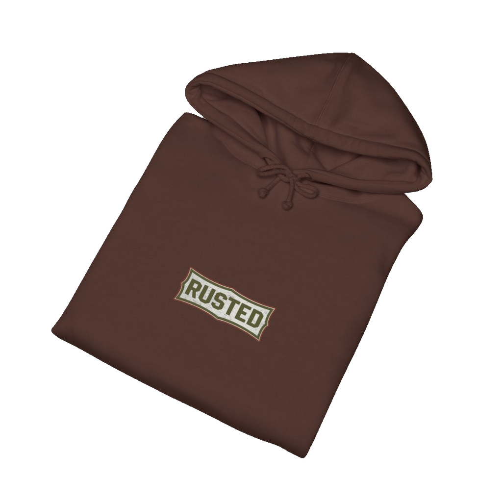 Folded brown TRUST THE RUST cable dozer hoodie