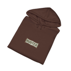 Folded brown TRUST THE RUST cable dozer hoodie