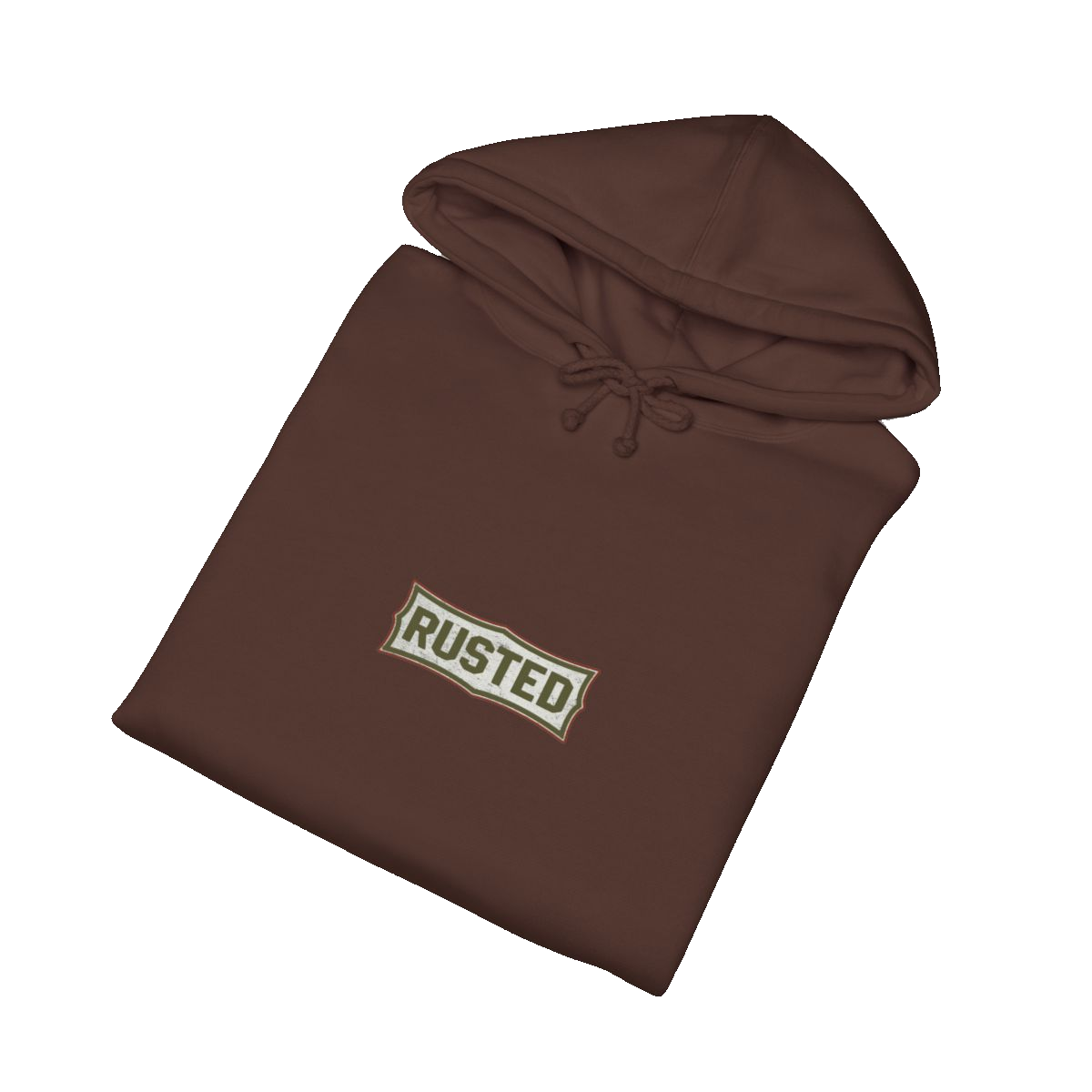 Folded brown TRUST THE RUST cable dozer hoodie
