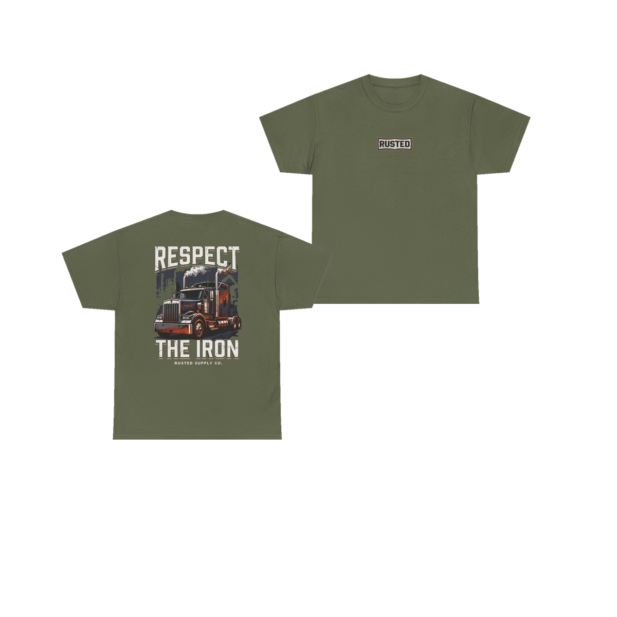 RESPECT THE IRON conventional semi military green tee, front and back
