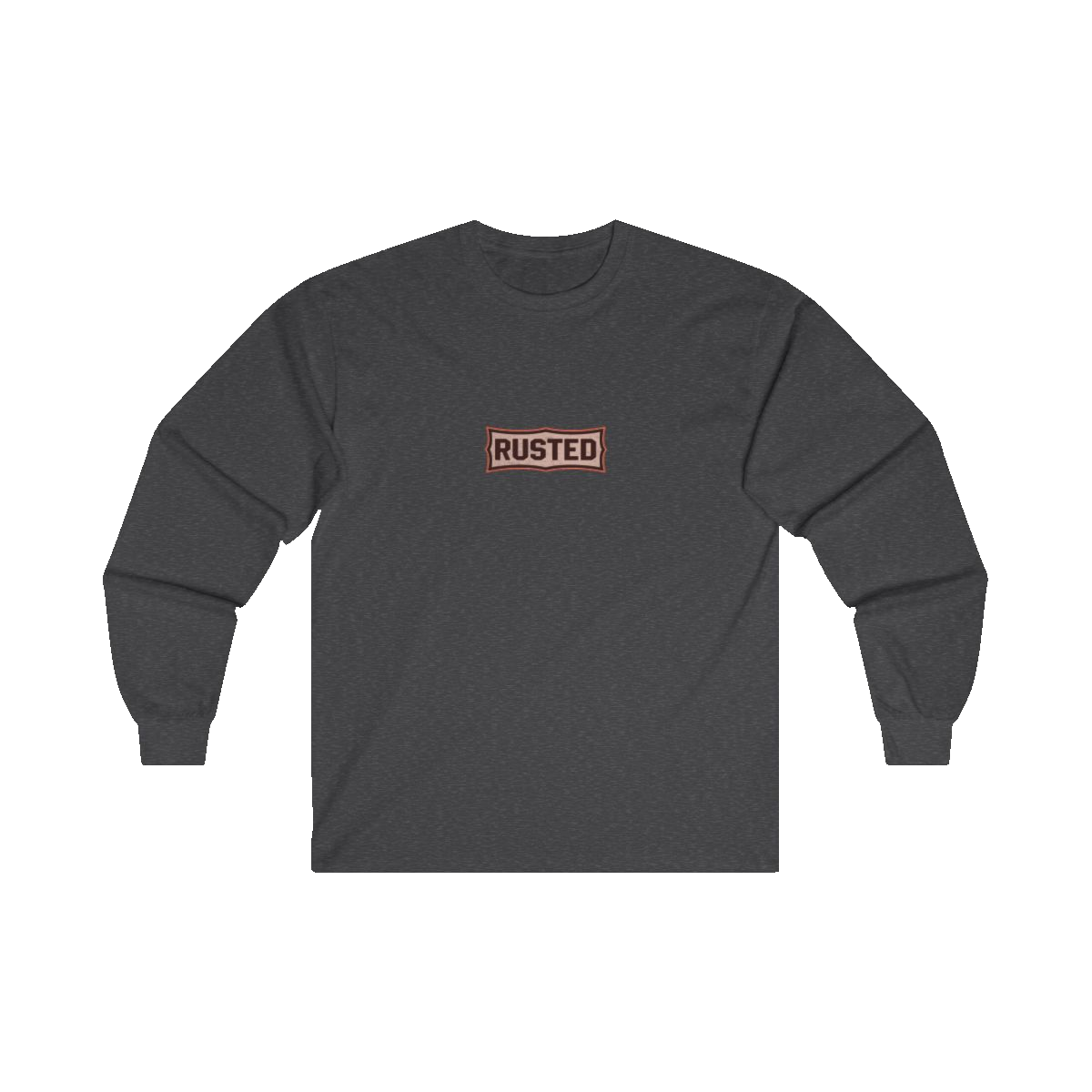 TRUST THE RUST chest badge on a dark heather long sleeve
