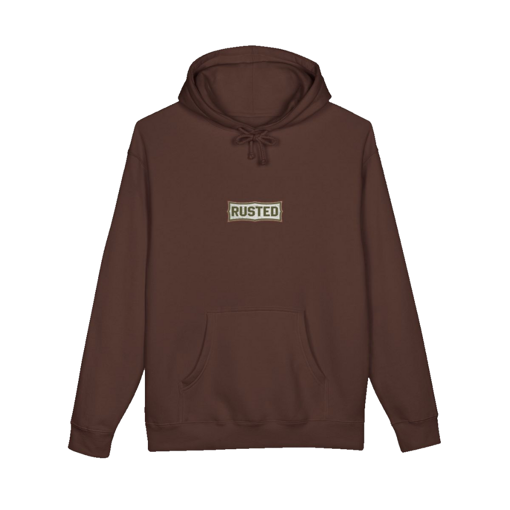 TRUST THE RUST chest badge on a brown hoodie