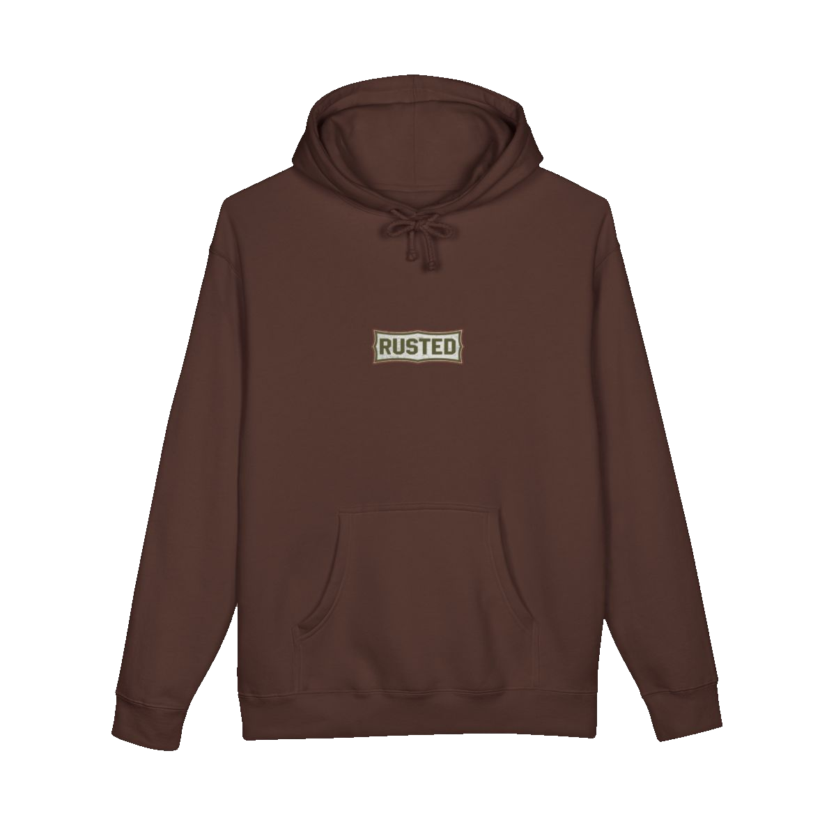 TRUST THE RUST chest badge on a brown hoodie
