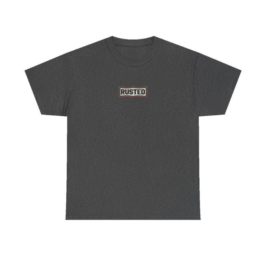 RESPECT THE IRON chest badge on a dark heather tee