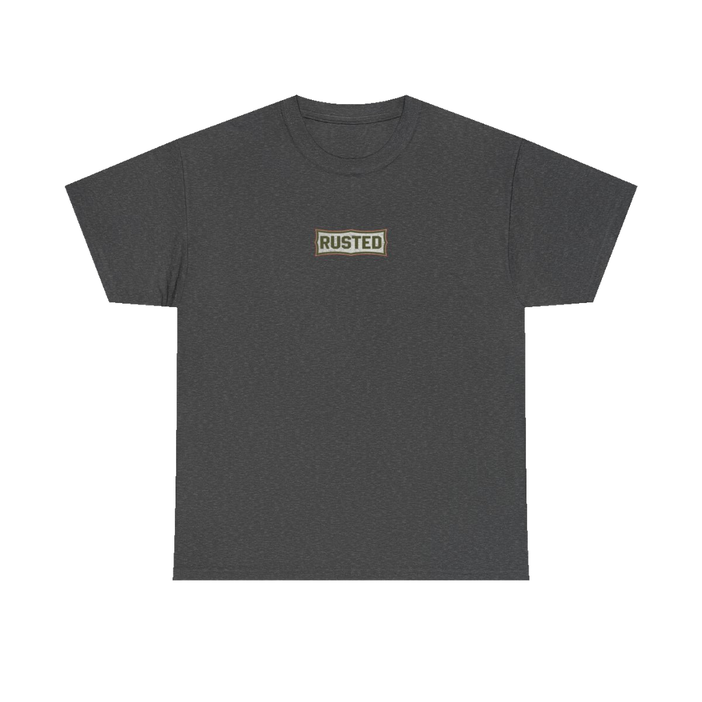 TRUST THE RUST chest badge on a dark heather tee