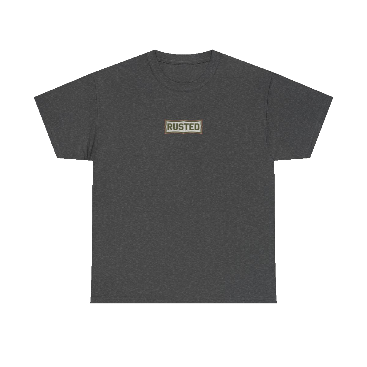 TRUST THE RUST chest badge on a dark heather tee