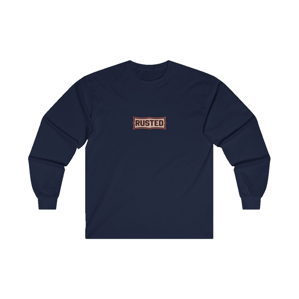 TRUST THE RUST chest badge on a navy long sleeve