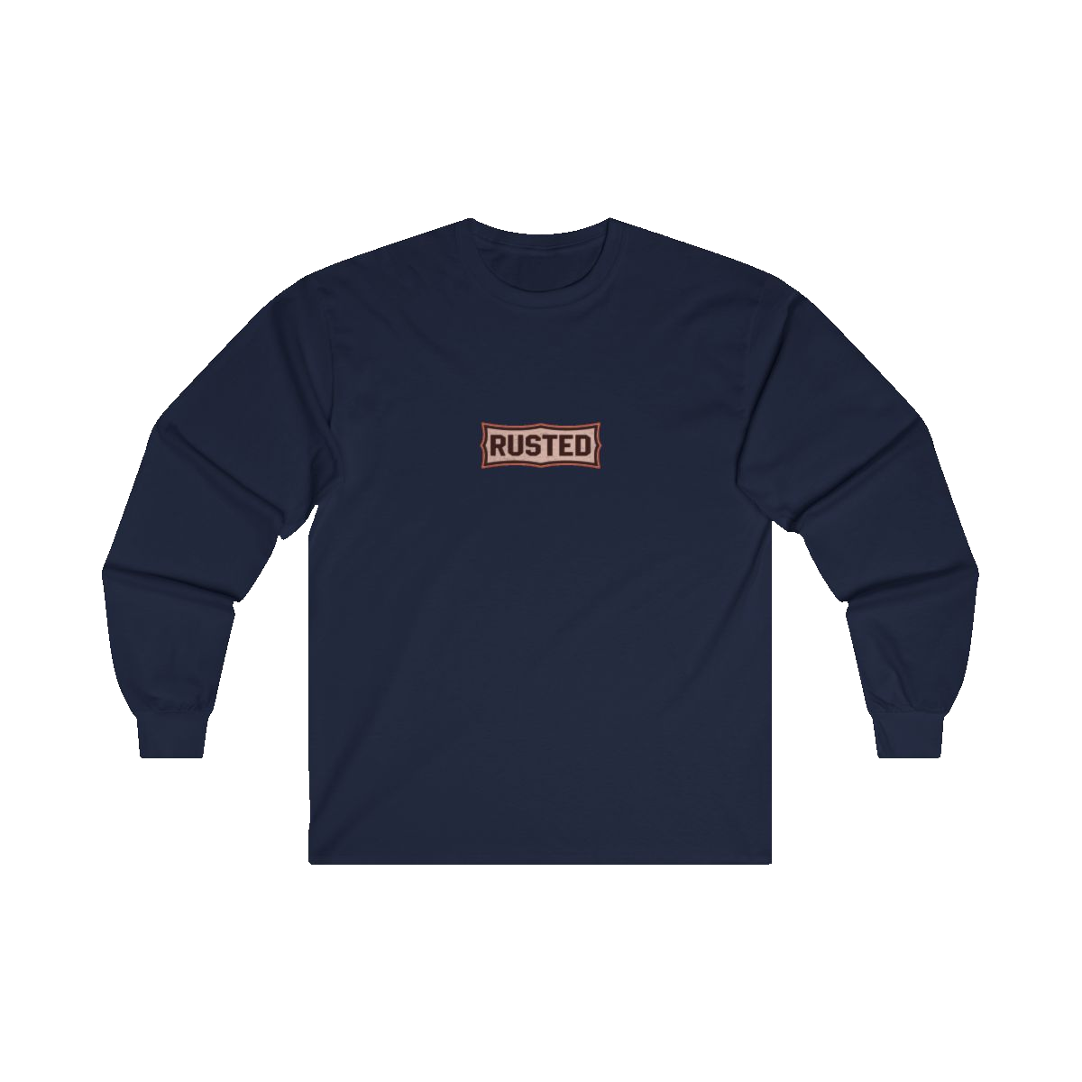 TRUST THE RUST chest badge on a navy long sleeve