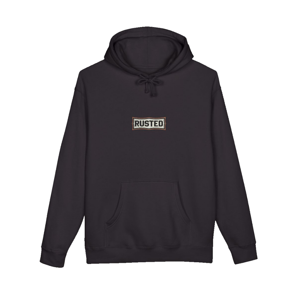 RESPECT THE IRON chest badge on a black hoodie