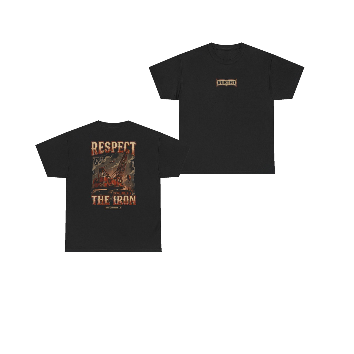 RESPECT THE IRON crawler crane black tee, front and back