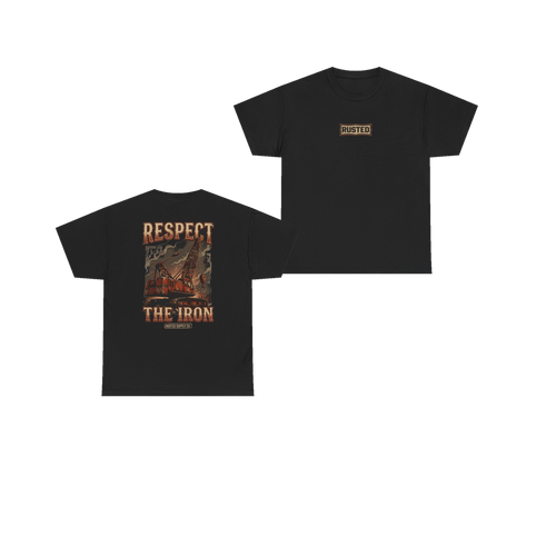 RESPECT THE IRON crawler crane black tee, front and back
