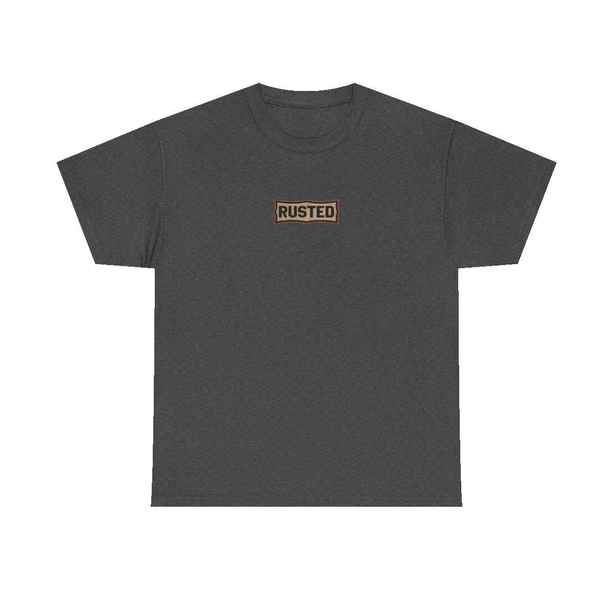 RESPECT THE IRON chest badge on a dark heather tee