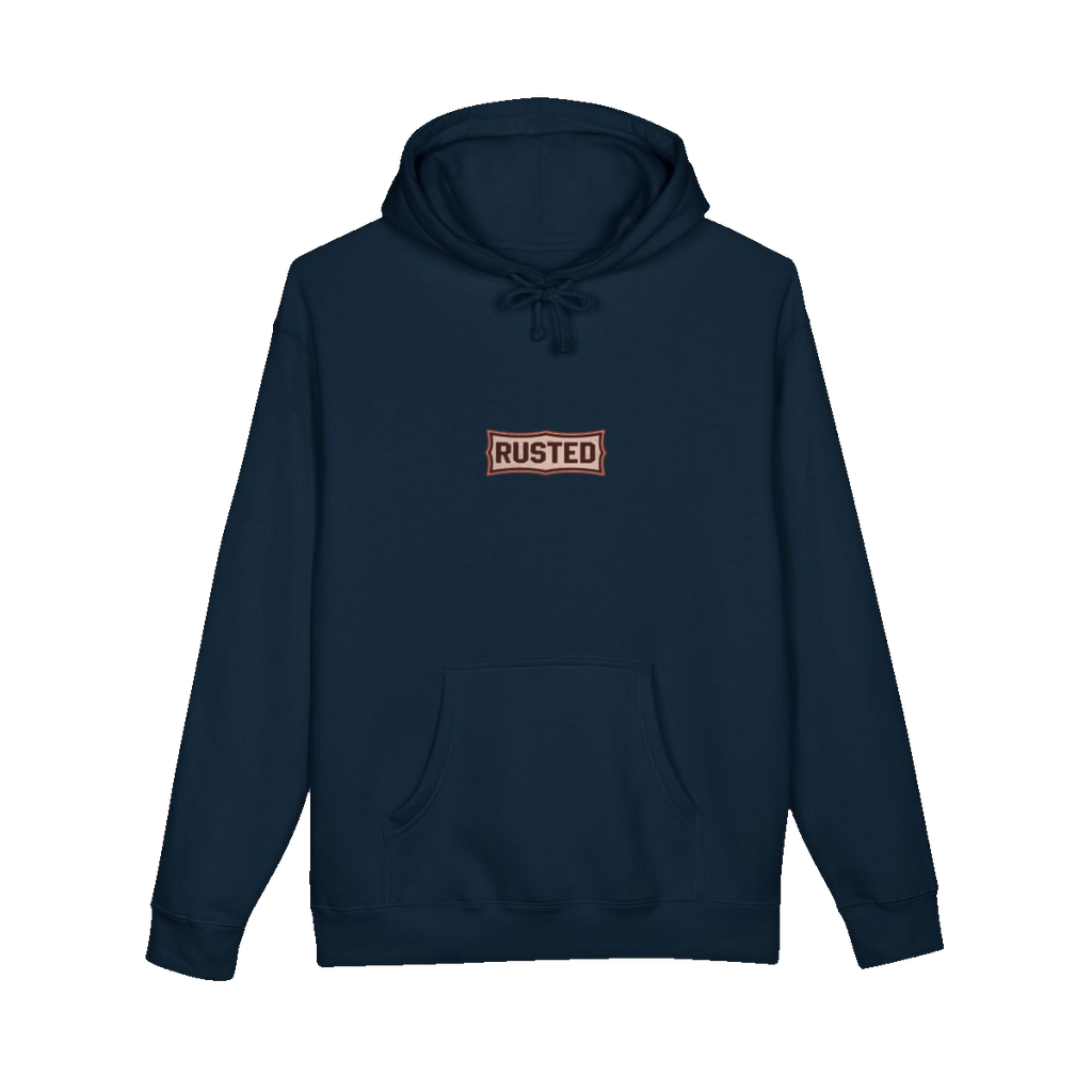 TRUST THE RUST chest badge on a navy hoodie