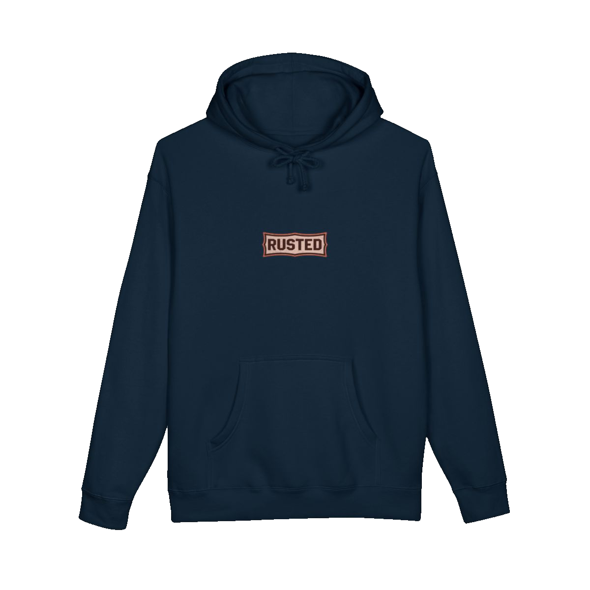 TRUST THE RUST chest badge on a navy hoodie