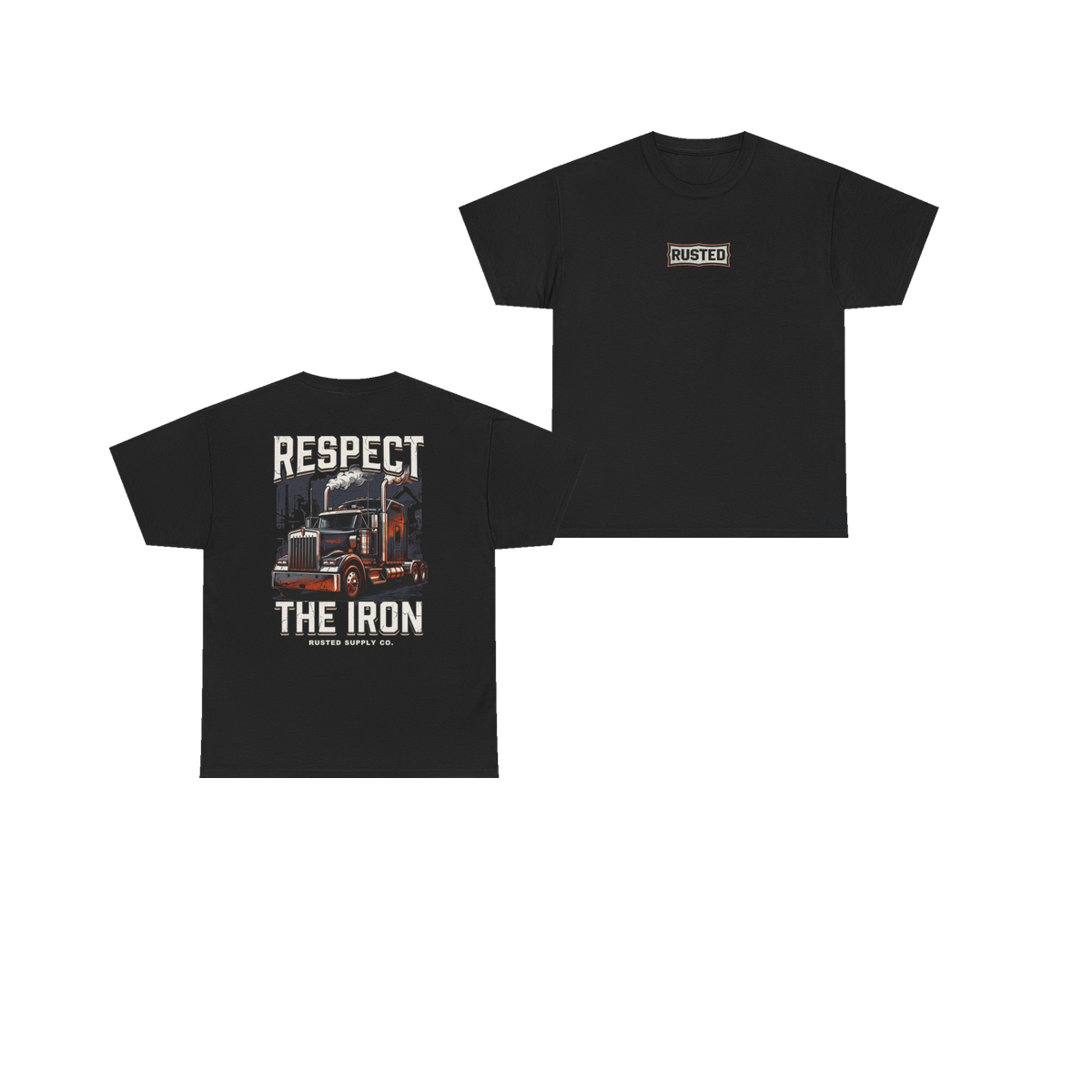 RESPECT THE IRON conventional semi black tee, front and back
