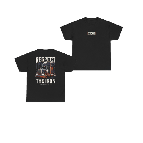 RESPECT THE IRON conventional semi black tee, front and back