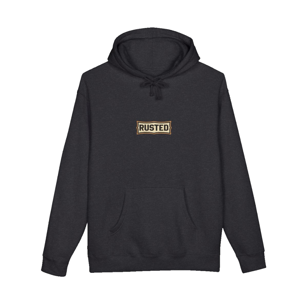 RESPECT THE IRON chest badge on a charcoal heather hoodie