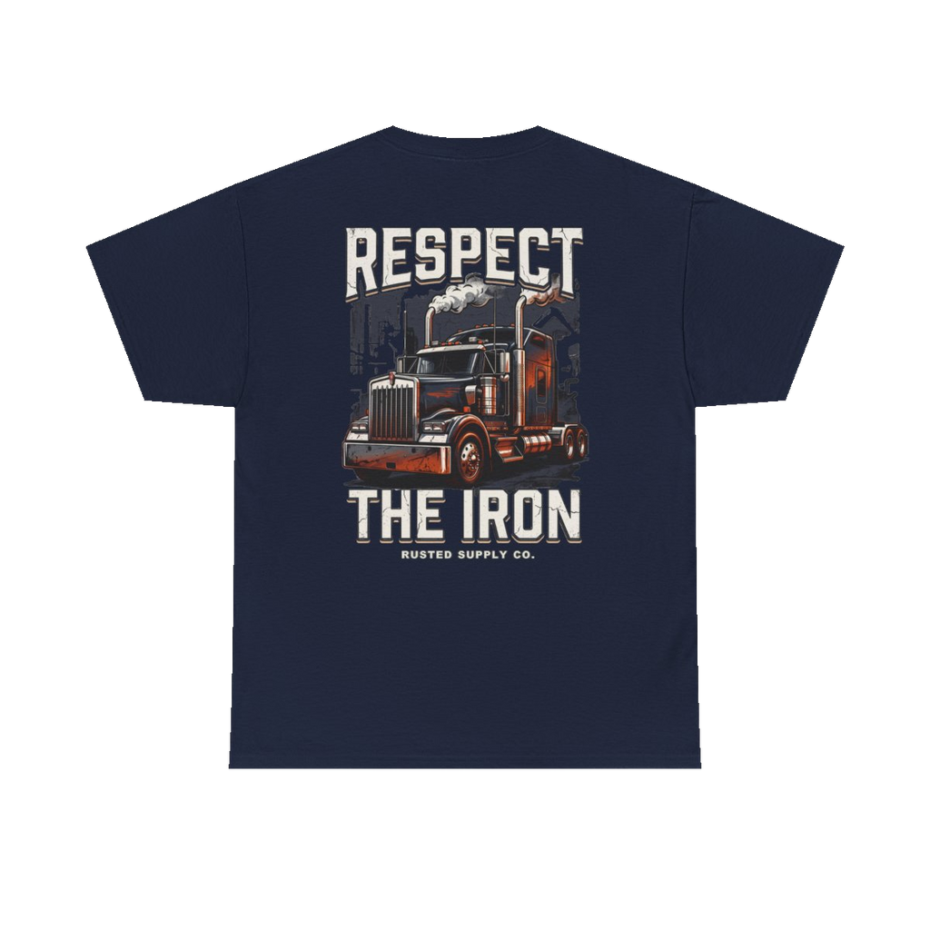 RESPECT THE IRON conventional semi back print on a navy tee