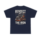 RESPECT THE IRON conventional semi back print on a navy tee