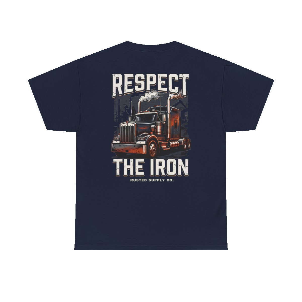 RESPECT THE IRON conventional semi back print on a navy tee