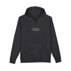 TRUST THE RUST chest badge on a charcoal heather hoodie