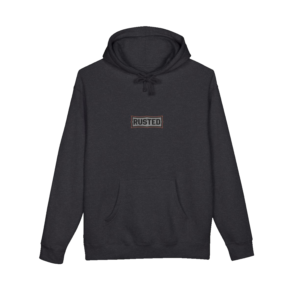 TRUST THE RUST chest badge on a charcoal heather hoodie