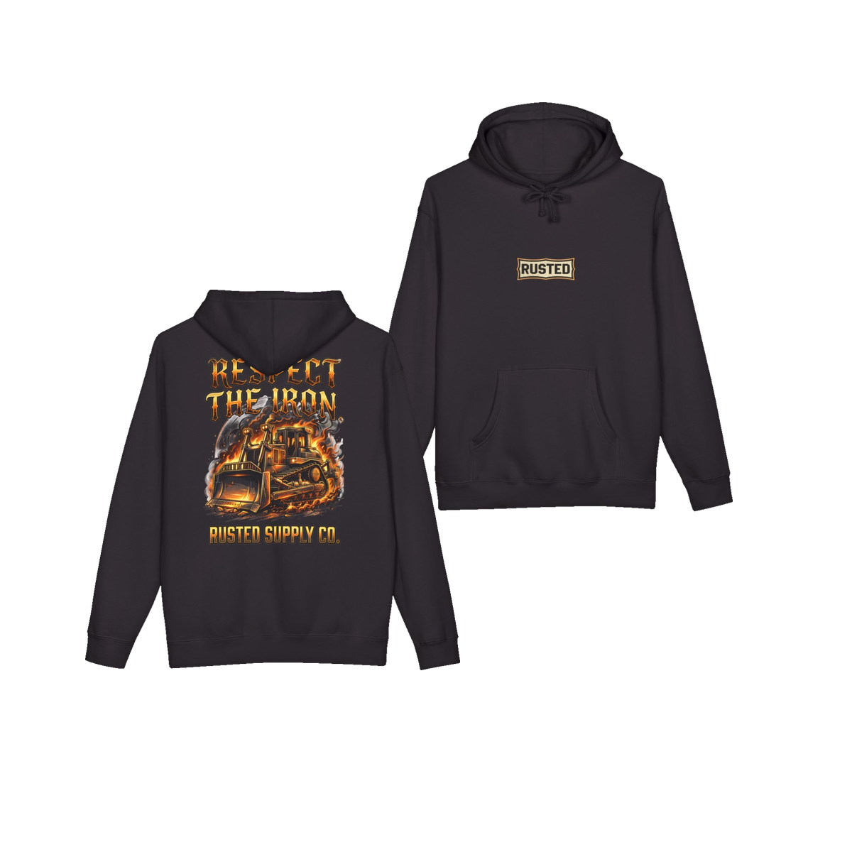 RESPECT THE IRON crawler dozer black hoodie, front and back