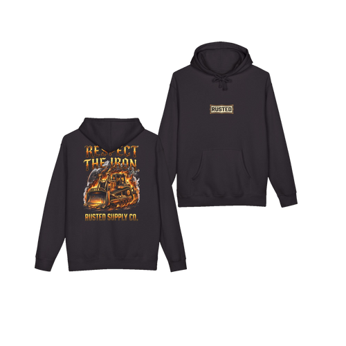 RESPECT THE IRON crawler dozer black hoodie, front and back
