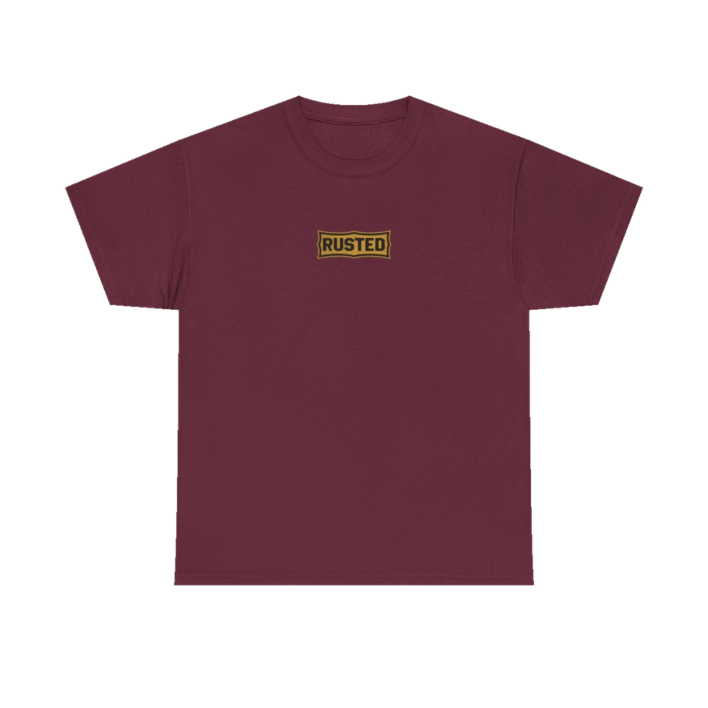 TRUST THE RUST chest badge on a maroon tee