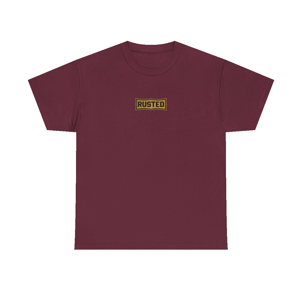 TRUST THE RUST chest badge on a maroon tee
