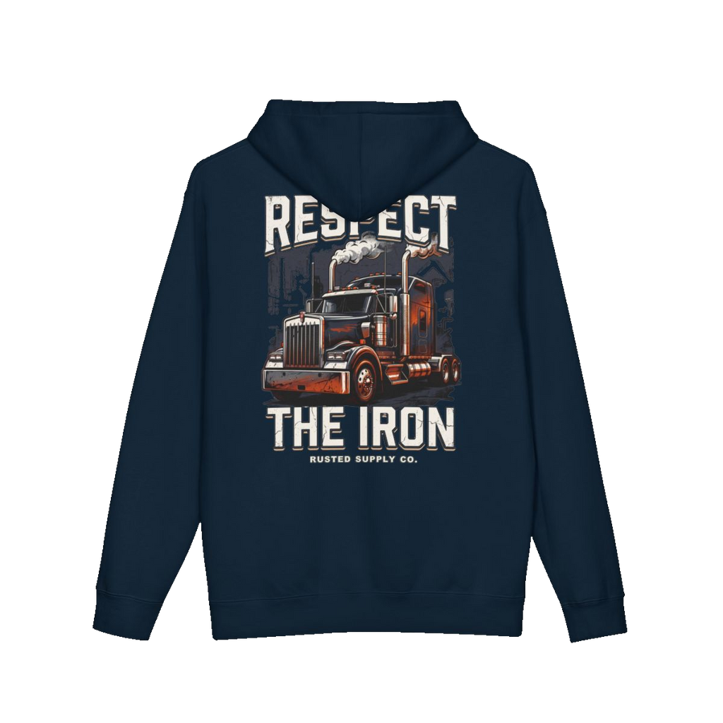 RESPECT THE IRON conventional semi back print on a navy hoodie
