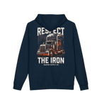 RESPECT THE IRON conventional semi back print on a navy hoodie